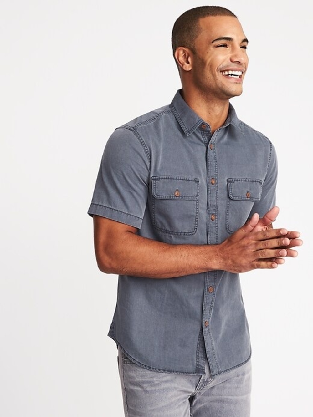 Men's Short-Sleeve Button-Down Slim Fit Shirt in Slate Gray - Large